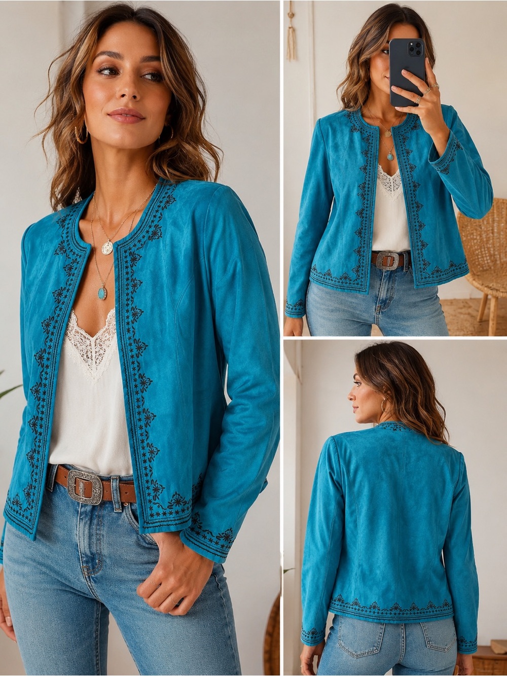 Vintage Turquoise Embroidered Faux Suede Jacket XL Boho Y2K Western